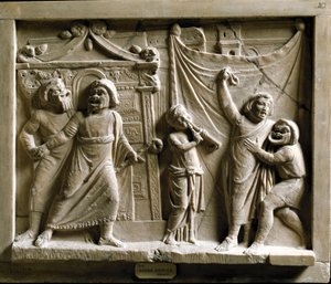 ローマ美術：テレンス（プブリウス・テレンティウス・アファー）（紀元前185～159年）の作品「アンドリア」の喜劇劇場シーン（ポンペイのレリーフ） - Museo Archeologico Nazionale Naples - テレンス（プブリウス・テレンティウス・アファー）（紀元前195/185～159年）のギリシャの喜劇「アンドリア」のシーン。