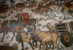 ローマ美術：モザイク画「偉大なる狩猟の部分」の詳細 牛が引っ張るシャル。紀元315年〜350年アルメリーナ広場、ヴィラ・ロマーナ・デル・カサーレ 作： Roman