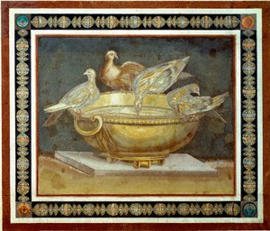 ローマ美術：泉を飲む4羽の鳩。ティヴォリのヴィラ・アドリアーナ（ヴィラ・ダドリアン、またはヴィラ・ハドリエンヌ）から出土したモザイク。JC後2世紀。ローマ、Musei Capitolini - ローマの芸術：黄金の盆地から飲む4羽の鳩。ヴィラ・アドリアーナからのモザイク（H 作： Roman