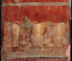 ローマ時代の美術品。足についたカラスの服を洗う様子を描いた「フルニカまたはフーロンネリ」の場面。ポンペイのヴィラ・フロニカ・ステファヌス（La fullonica de Stephanus）のフレスコ画で、洗濯や染色に使われていた。1世紀の絵画