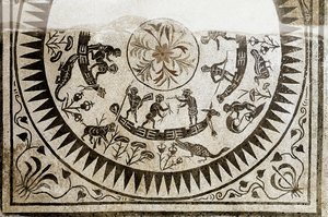 ローマ美術：狩猟と釣りのピグミー。3世紀のモザイク。ローマ国立博物館(o delle Terme) ローマ 作： Roman
