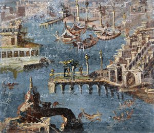 ローマ美術：一般的にポッツオーリと呼ばれる港を示す風景画（フレスコ画） 作： Roman