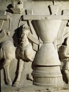 ローマ美術：水車を表す低層レリーフ。紀元1世紀ローマ市民博物館 作： Roman