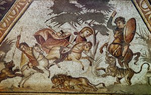 ローマ美術：コンスタンティヌスの別荘「ダフネ」の中庭にあった四季のモザイク画。ライオンと虎の狩りの場面を描いたディテール。Antioche-sur-l