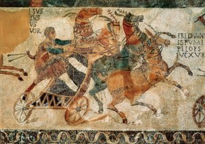 ローマ美術：4頭の馬（クアドリガ）に引かれた戦車に乗った人間がサーカスでレースをしている様子を描いたモザイク画（4世紀頃