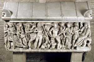 ローマ美術：石棺にペドルとヒッポリットの伝説を伝える低いレリーフが飾られている。紀元3世紀。ローマ、ローマ国立博物館 作： Roman