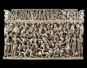 ローマ美術：マルコマン（またはマルコマン）戦争におけるローマ戦士と蛮族の戦いの場面。ポルトナッチョと呼ばれるマルク・アウレルの将軍の石棺のレリーフ。180-190.ローマ、ローマ国立博物館(o delle Terme) 作： Roman