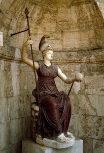 ローマの芸術。「女神ローマが手で宇宙を持ち上げている」 紀元1世紀の彫像。ローマ、カンピドーリオ 作： Roman