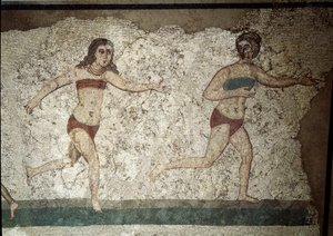 ローマアート：運動に励む若いローマ人たち。腎臓の周りにはふんどし、胸にはストロピウム（ブラジャーの祖先）をつけている。モザイクの詳細 315-350 AD.アルメリーナ広場、ヴィラ・ロマーナ・デル・カサーレ