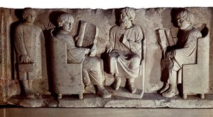 ローマ文明。学校の風景を描いたレリーフ。トリーア（旧称：トレベス）は、ドイツのモーゼル川沿いにある都市で、紀元前1世紀にローマ人に征服され、トレボルムと改名されました。
