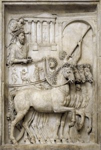 ローマ皇帝マルクス・アウレリウスの凱旋トロッコに乗る姿 2世紀 (大理石製レリーフ) 作： Roman