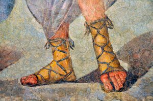 レースアップのローマンシューズ。 詳細。 2世紀後半～3世紀初頭（フレスコ画） 作： Roman