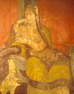 ローマ人女性、「ディオニュソスの秘儀の教団」の絵画の詳細、第二次ポンペイ様式、秘儀のヴィラ、ポンペイ、カンパニア、ローマ文明 作： Roman