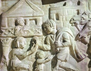 網を使った鹿狩りの場面、ローマ時代のスカルコファージ、4世紀（浮き彫り）