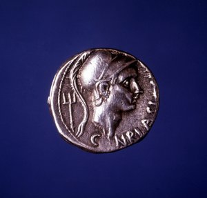 アフリカのスキピオ（紀元前235年〜紀元前183年）の肖像が描かれた銀貨。 作： Roman