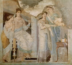 女の子の髪を梳く奴隷、ヘルクラネウム、第3のスタイル（フレスコ画） 作： Roman
