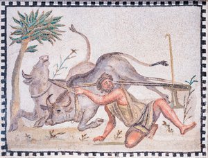 牛を連れた農夫、3～4世紀（モザイク） 作： Roman