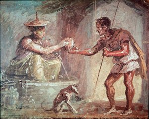女が放浪者に酒を勧める（フレスコ画 作： Roman