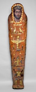 若い男性のミイラ、肖像画はエンコウスティック仕上げ、エル・ヒベより（リネンで包まれた遺体と塗装された木製パネル）
