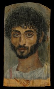 顔が薄く、ひげを生やした男性の肖像、西暦160〜180年（腐食性、ライムウッド）