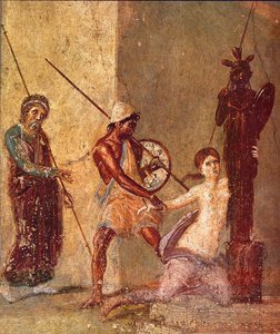 Ajax the Lesser は Cassandra を Xoanon から引き離します。 広告 作： Roman Pompeian wall painting