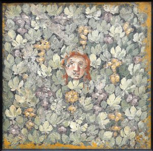 つるの葉とブドウの房のマスク、1世紀前半。 広告。 作： Roman Pompeian wall painting.