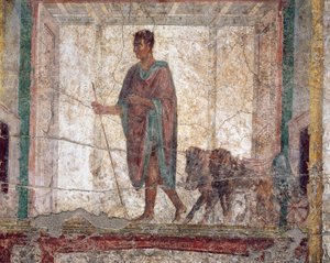 イノシシとライオンが戦車につながれている古代ローマのフレスコ画 A.D.metus 作： Roman Roman
