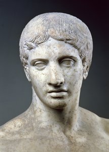 ドリフォラス」と呼ばれる運動選手、頭部の詳細、ポンペイのポリクレイトス（前450年頃～前415年頃）の原画の後にローマで複製されたもの（大理石）（119501の詳細 作： Roman Roman