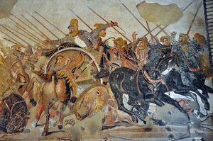 ポンペイのモザイク画の詳細：アレクサンダーとダレイオスのイッソスの戦い（紀元前4世紀）。- コドマン王ダレイオス3世（前380-前330年）、戦車に乗る - opus vermiculatum - イタリア、ナポリ考古学博物館 - Museo Archeologico Nazionale, Napoli