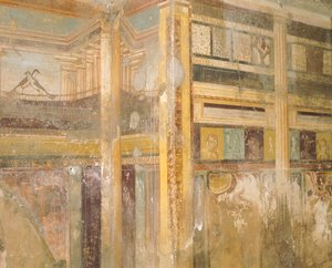 フレスコ画のディテール、壁面装飾の一部、迷宮の家、ポンペイ、カンパニア、ローマ文明 作： Roman Roman