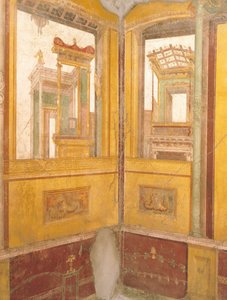 ヴェッティの家、ポンペイ、カンパニア、ローマ文明、フェイク建築のフレスコ画の壁の細部 作： Roman Roman