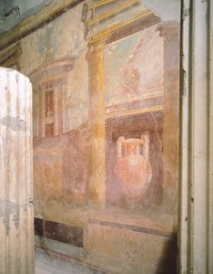 迷宮の家、トリクリニウムの広間のフレスコ画の詳細、ポンペイ、カンパニア、ローマ文明 作： Roman Roman