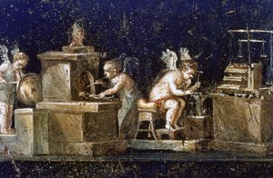 ポンペイでの発掘：発掘調査で発見された、金細工師としてのキューピッドを描いたヴェッティの家の壁画。ポンペイは西暦79年のヴェスヴィオ火山の噴火によって破壊された。 作： Roman Roman