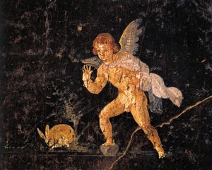ウサギを追うキューピッドを描いたフレスコ画、ポンペイ、イタリア 作： Roman Roman