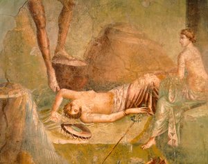 眠るマエナドを描いたフレスコ画（ローマ文明、カンパニア、ポンペイ、シタリストの家より 作： Roman Roman