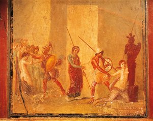 王宮のプリアモスとメネラウス、ヘレンの出会いを描いたフレスコ画、ポンペイ、カンパニア、ローマ文明