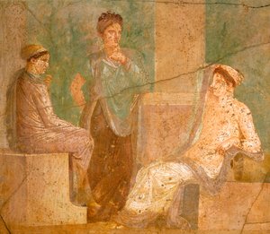 古代狩猟の家（ポンペイ、カンパニア、ローマ文明）のフレスコ画に描かれた、会話するローマ女性のグループ 作： Roman Roman