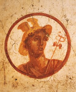 古代狩りの家、ポンペイ、カンパニア、ローマ文明、白い背景に男性の肖像を描いたフレスコ画