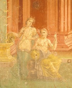 ポンペイ第四様式フレスコ画、赤背景、ピナリオ・チェリアーレの家、ポンペイ、カンパニア、ローマ文明 作： Roman Roman