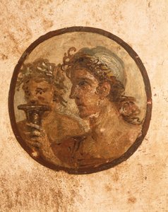 イタリア、カンパニア州、ナポリ、ポンペイ、ロレイオ・ティブルティーノの家、選手たちを描いたフレスコ画の細部
