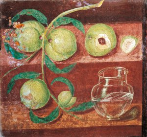 イタリア、ナポリ、桃の枝のある静物、ポンペイのフレスコ画 作： Roman Roman