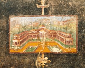 タブリヌムの壁画に描かれた風景と建築、マルクス・ルクレティウス・フロントの家、ポンペイ、カンパニア、ローマ文明 作： Roman Roman