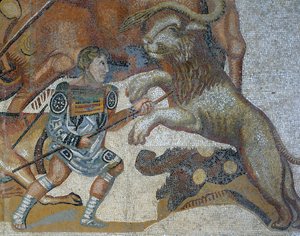 野生の獣狩りのシーン、剣闘士が野生動物を殺す様子のモザイク画 作： Roman Roman
