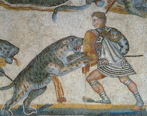 野生の獣狩りのシーン、剣闘士が野生動物を殺す様子のモザイク画