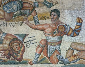 剣闘士の戦いのシーン、勝利の剣闘士の詳細を示すモザイク 作： Roman Roman