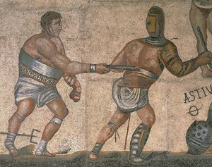 剣闘士と戦うシーンのモザイク、鎧を着た剣闘士の詳細 作： Roman Roman