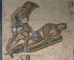 剣闘士と戦うシーンのモザイク、鎧を着た剣闘士の詳細 作： Roman Roman