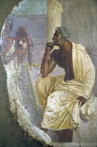 ナポリ、仮面をつけた俳優のフレスコ画の断片、ポンペイ出土、 作： Roman Roman