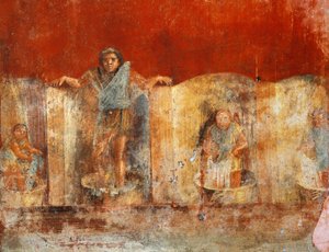 ポンペイ、ヴェラニオ・イプセオのフロニカから、羊毛製造を描いた柱のフレスコ画 作： Roman Roman