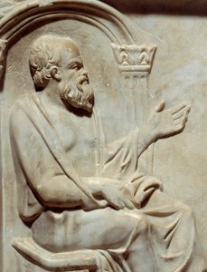 ローマ古代美術、ミューズたちのサルコファガス。ソクラテス（紀元前469年～399年）ギリシャの哲学者とミューズ。詳細 パリ・ルーヴル美術館蔵 作： Roman Roman